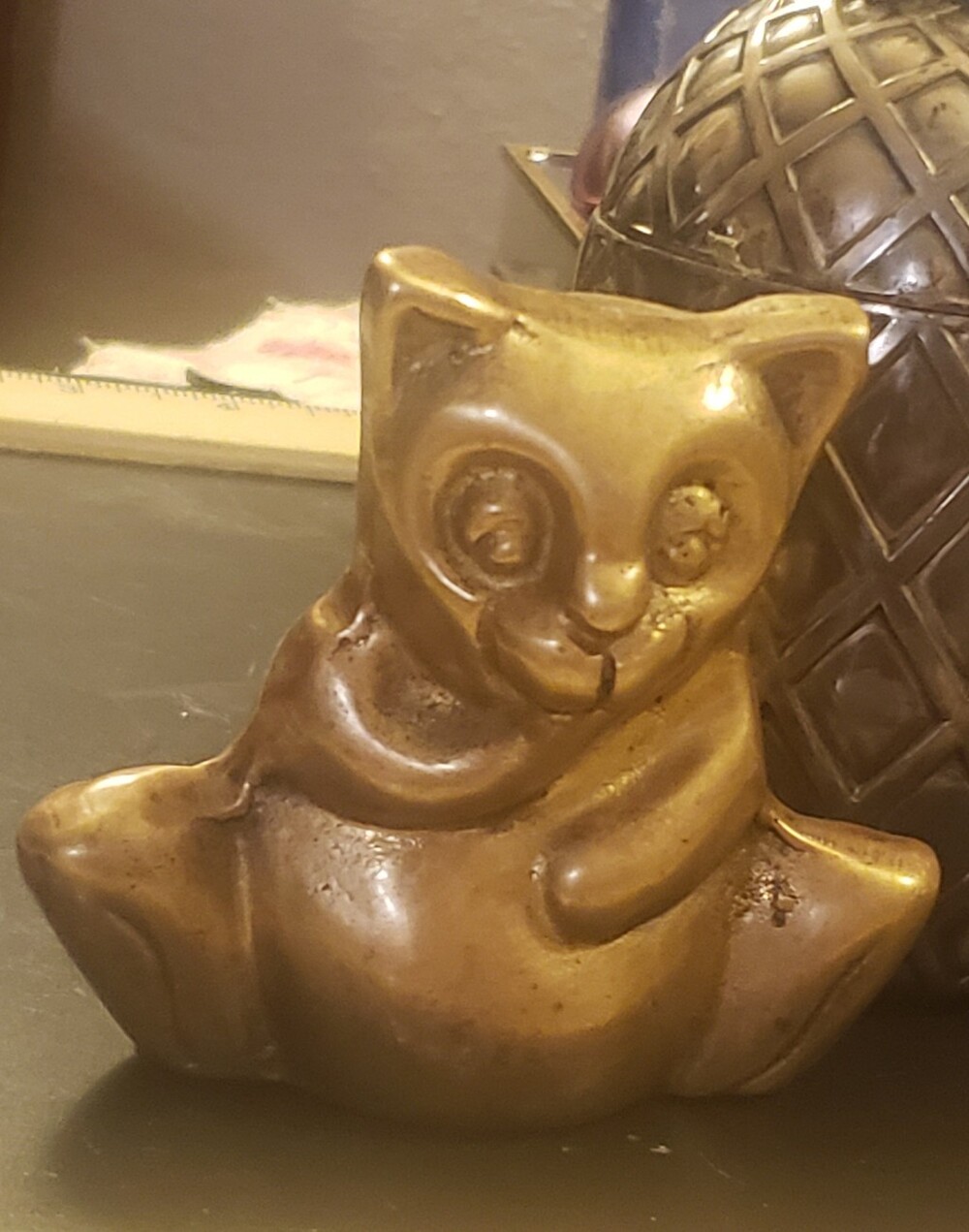 Adorable Vintage Heavy Brass Sitting Cat Figurine Playful Paw to Mouth, MCM Deco
